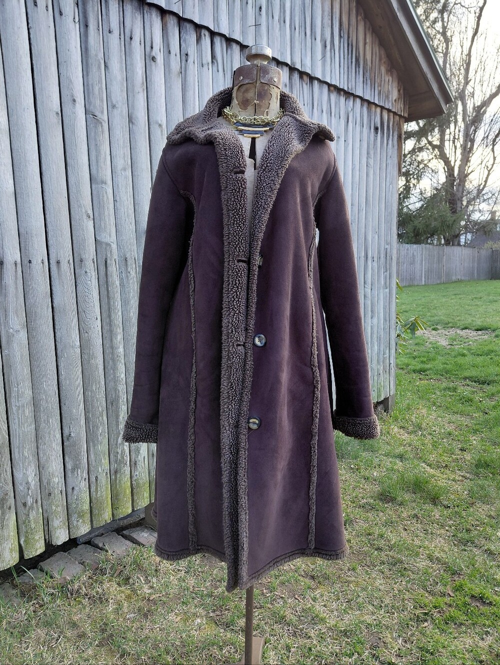LL Bean dark chocolate brown coat faux suede & shearling lined coat Womens S